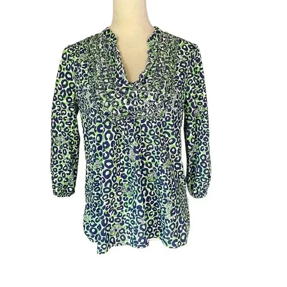 Lilly Pulitzer Thrill of the Chase Animal Cheetah Prt Blue Green Cotton Top Sz M - Picture 3 of 9